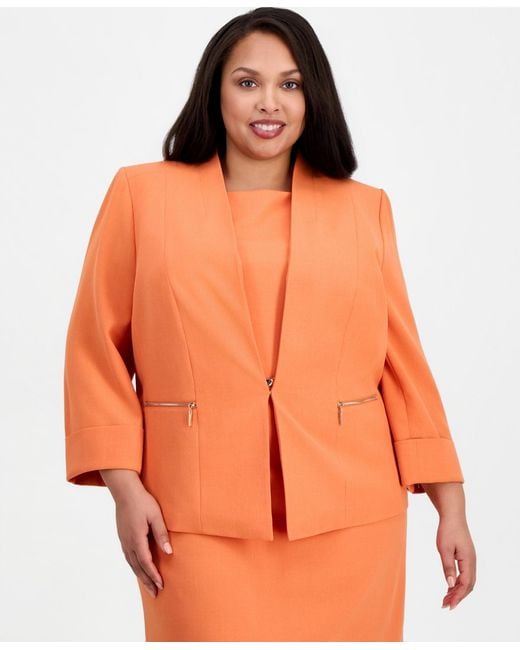 Kasper Orange Plus Size Collarless Open-front Zip-pocket Jacket