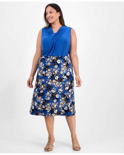 Kasper Blue Plus Size Floral-print Midi Skirt