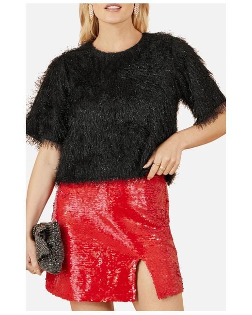 Yumi' Red Lurex Fringe Relaxed Fit Top