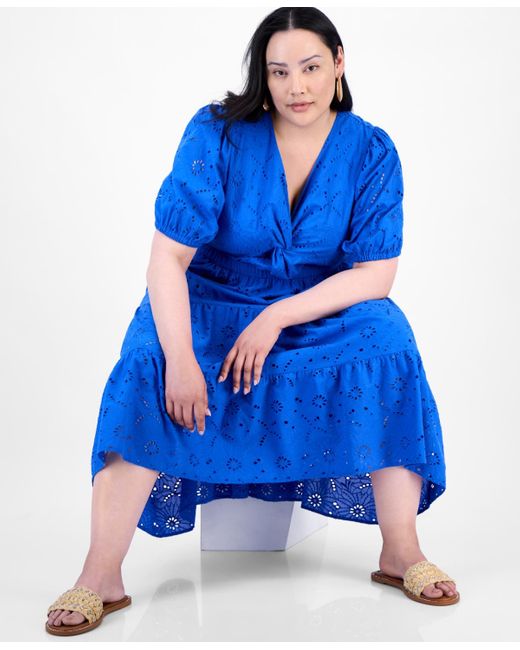 INC International Concepts Blue Plus Size Cotton Eyelet Twist-front Tiered Dress