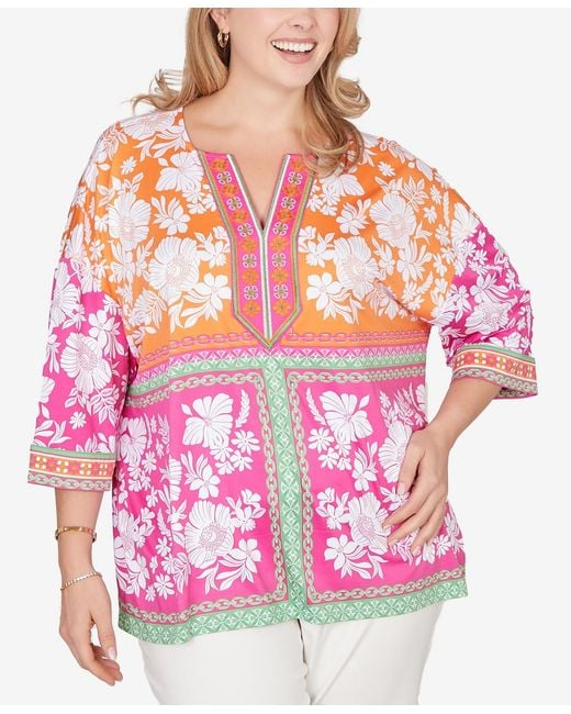 Ruby Rd Pink Plus Size Embroidered Placket Patchwork Knit Top