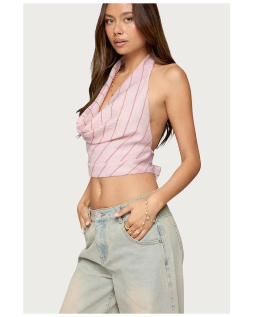 Edikted Pink Stripey Metallic Cowl Neck Halter Top