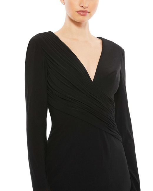 Mac Duggal Black Ieena Jersey Long Sleeve Asymmetrical Ruched Gown
