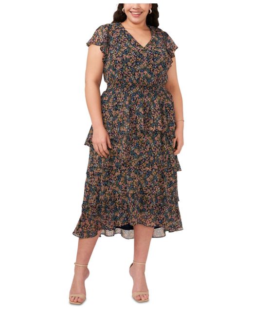Msk Brown Plus Size Floral-print Flutter-sleeve Fit & Flare Dress