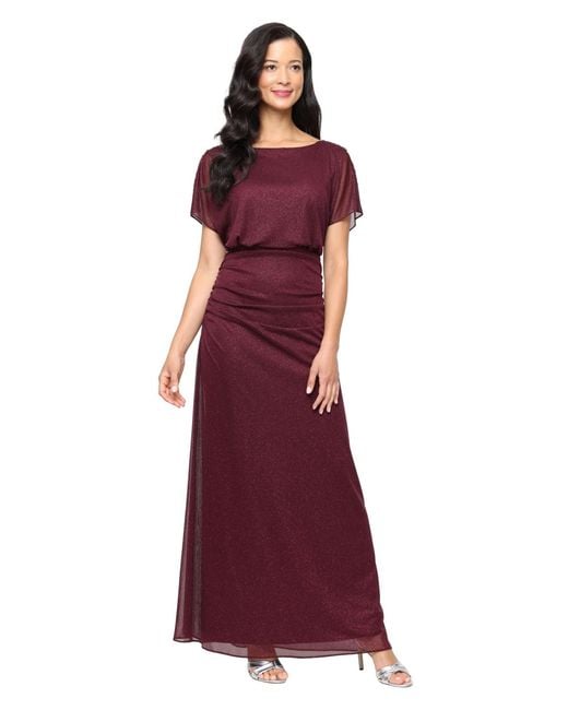 Sl Fashions Women's Purple Petite Long Glitter Round Neck Mesh Dress