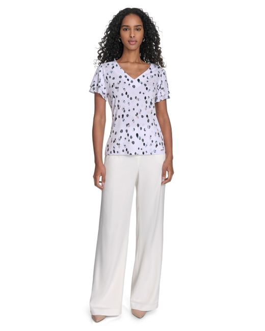 Calvin Klein Blue Petite Printed Flutter-sleeve Top