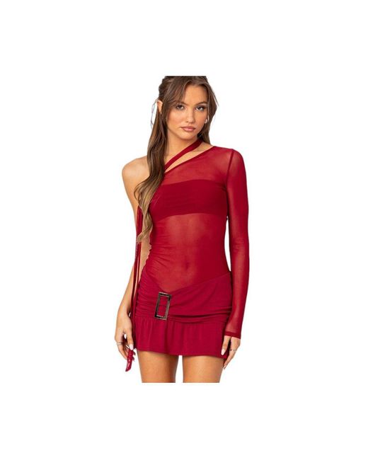 Edikted Red One Shoulder Sheer Mesh Mini Dress