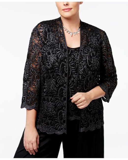 Alex Evenings Black Plus Size Glitter-lace Jacket & Shell