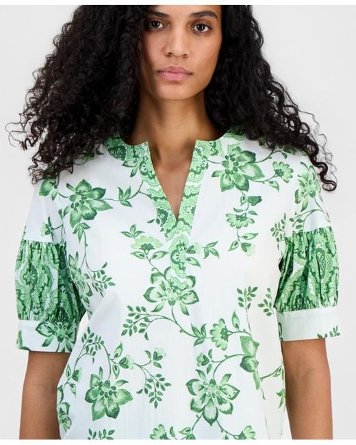 Tahari Green Split-neck Puffed-sleeve Top