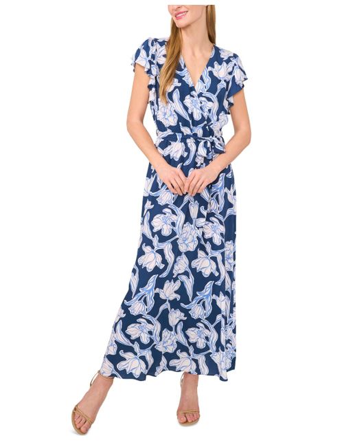 Cece Blue Wrap-front Short-sleeve Maxi Dress