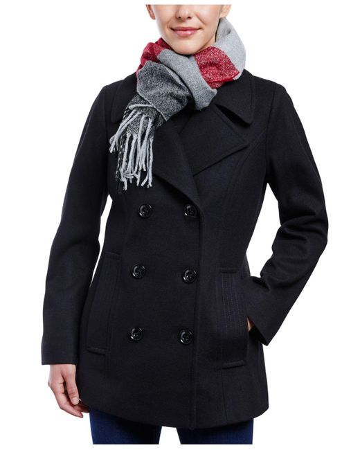 London Fog Wool Doublebreasted Peacoat & Plaid Scarf in Black Lyst