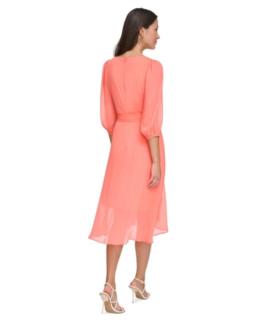 DKNY Pink 3/4-sleeve Tie-waist High-low Midi Dress
