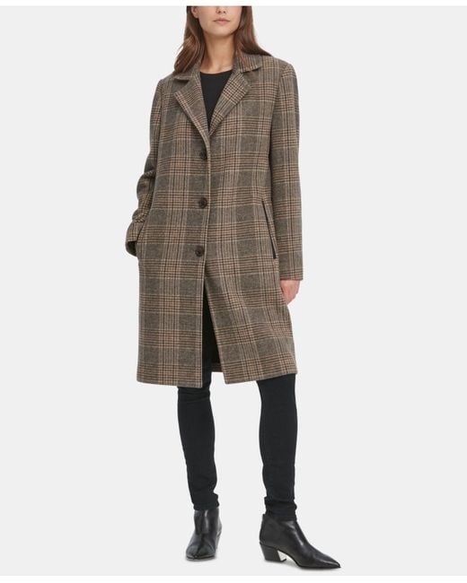DKNY Brown Petite Faux-leather-trim Plaid Walker Coat, Created For Macy's