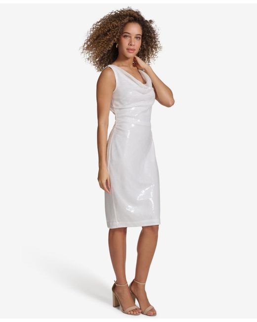 Kensie White Sequined Mesh Cowlneck Ruched Dress