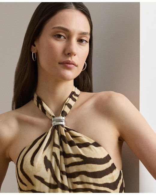 Ralph Lauren Natural Zebra-print Ruffle-trim Georgette Gown