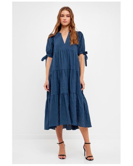 English Factory Gingham Tiered Midi Dress With Bow Tie Sleeves in Blue ...