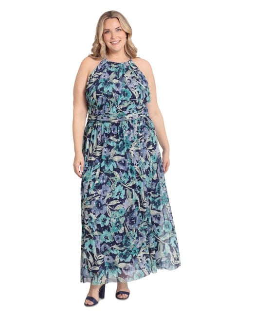 London Times Plus Size Halter Ruched-waist Maxi Dress in Blue