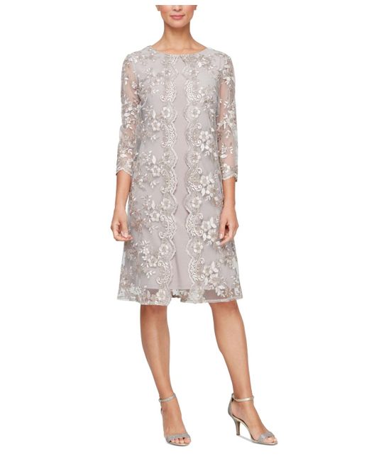 Alex Evenings Gray Floral Embroidered Mesh Jacket Sheath Dress