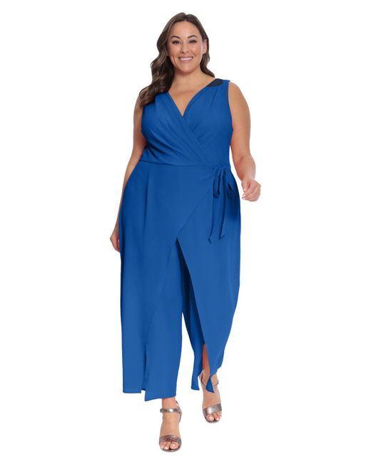 London Times Blue Plus Size Sleeveless Sarong-tie Jumpsuit