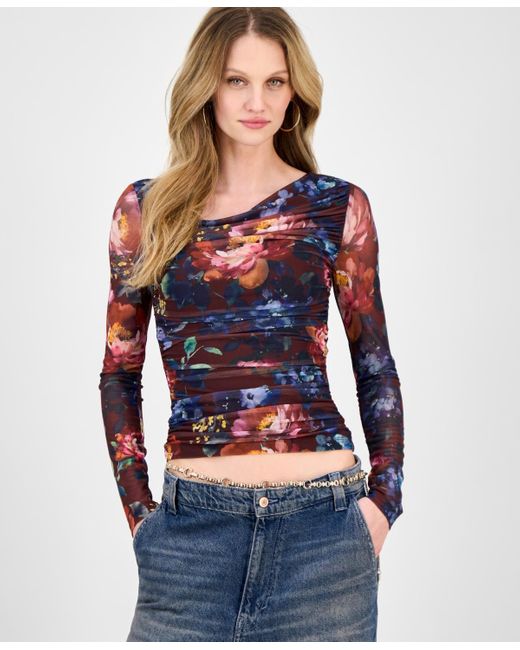 Guess Blue Bernardette Asymmetric Printed Mesh Top