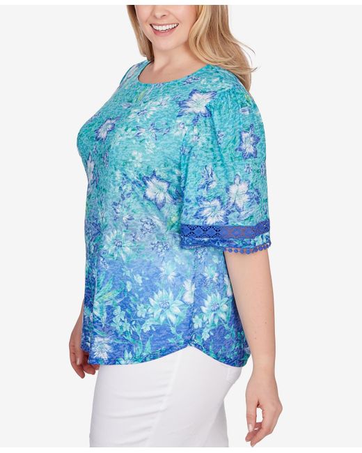 Ruby Rd Blue Plus Size Ombre Bali Floral Top