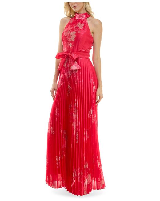 Taylor Red Floral-print Pleated Gown