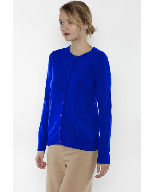 Jennie Liu Blue 100% Cashmere Button Front Long Sleeve Crewneck Cardigan Sweater