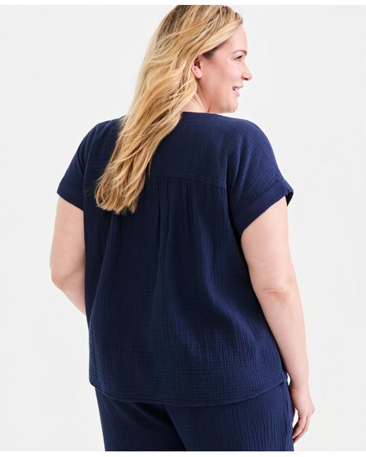 Style & Co. Blue Plus Size Solid V-neck Camp Shirt