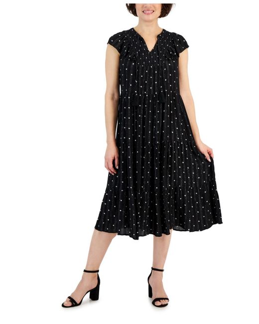 Style & Co. Black Printed Ruffled Shine Midi Dress