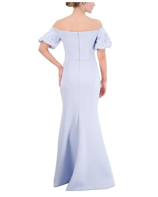 Eliza J Blue Off-the-shoulder Imitation Pearl Puff-sleeve Gown
