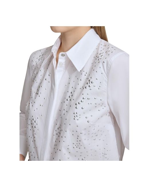DKNY White Cotton Studded Cropped Shirt