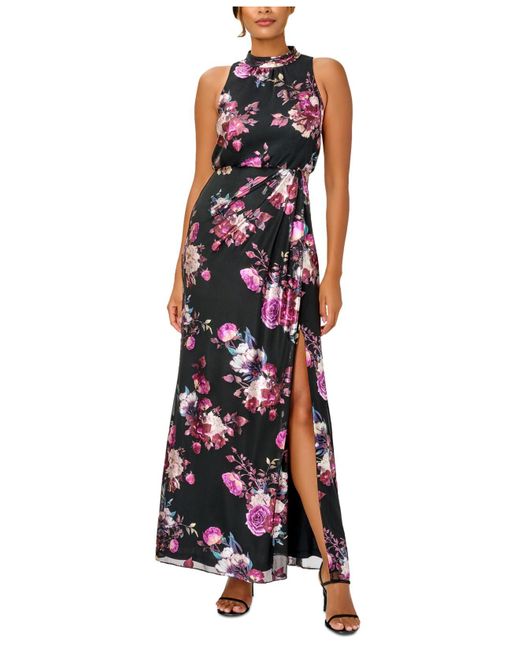Adrianna Papell Floral-print Mock-neck Gown in Red | Lyst