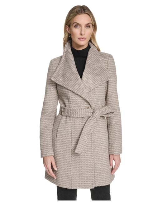 Calvin Klein Natural Asymmetrical Belted Wrap Coat