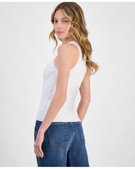 HUGO White Crewneck Ribbed Knit Sleeveless Top