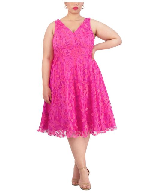 Eliza J Pink Plus Size 3d Floral-applique Fit & Flare Dress