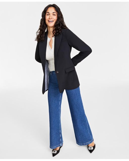 On 34th Blue Solid One-button Boyfriend Blazer
