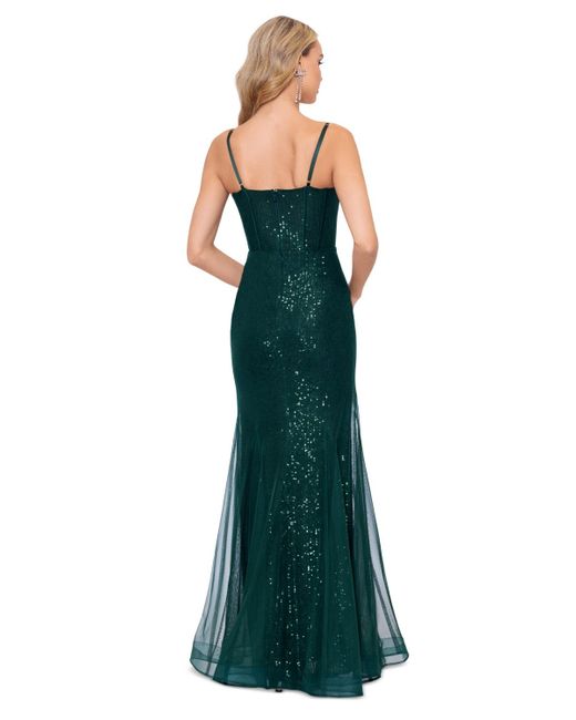 Xscape Green Sequin Sweetheart-neck Mermaid Gown