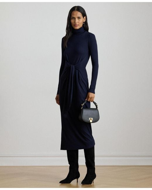 Ralph Lauren Blue Tie-front Turtle Neck Dress