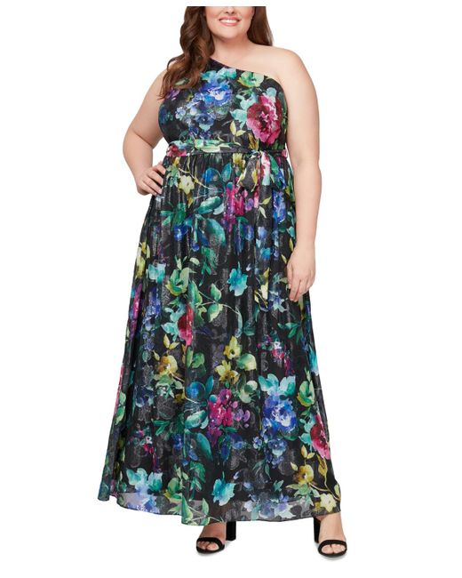 Sl Fashions Green Plus Size Floral-print One-shoulder Gown