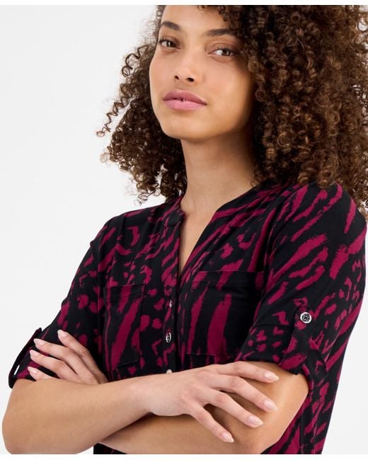 Anne Klein Red Petite Printed Rolled-sleeve Button-front Top