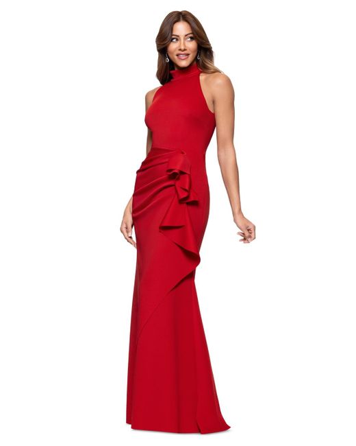 xscape women's ruffled sleeveless scuba fit & flare dress Xscape Women's One-Shoulder Ruffle Ball Gown - Navy main image 1