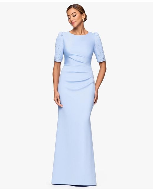 Xscape Blue Embellished Scuba Boat-neck Gown