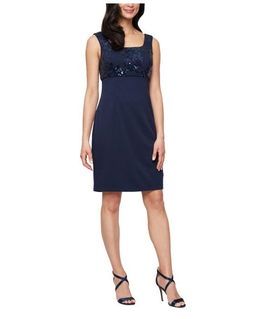 Alex Evenings Blue Short Stretch Scuba Square Neck Dress