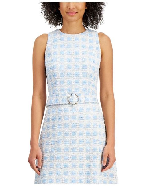 Taylor Blue Petite Sleeveless Belted A-line Tweed Dress