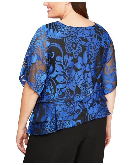 Alex Evenings Blue Plus Size Printed Tiered Top