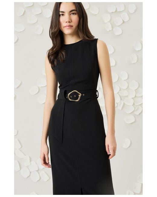 Luxely Women's Black Belted Boat-neck Sleeveless Midi Dress