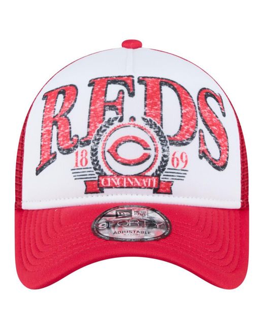 KTZ Pink White/red Cincinnati Reds Distressed 9forty A-frame Adjustable Trucker Hat for men