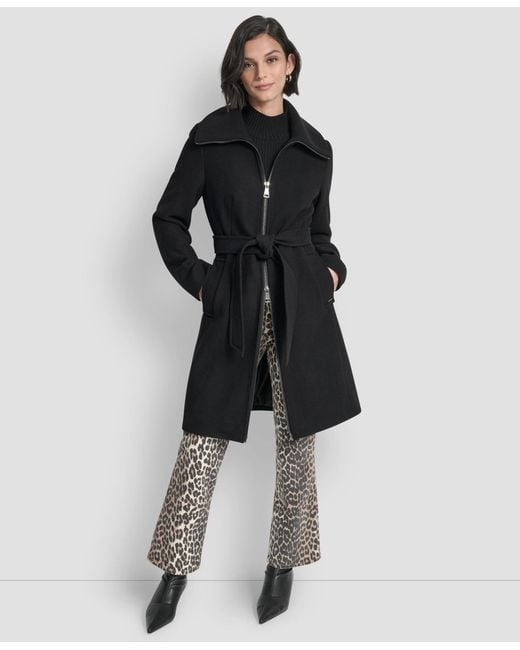 DKNY Black Collared Neck Belted Coat