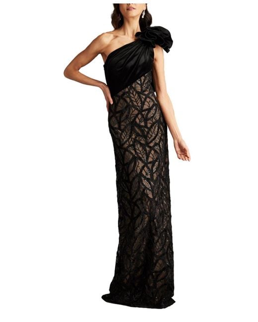 Tadashi Shoji Black Caraway One Shoulder Leaf Motif Gown