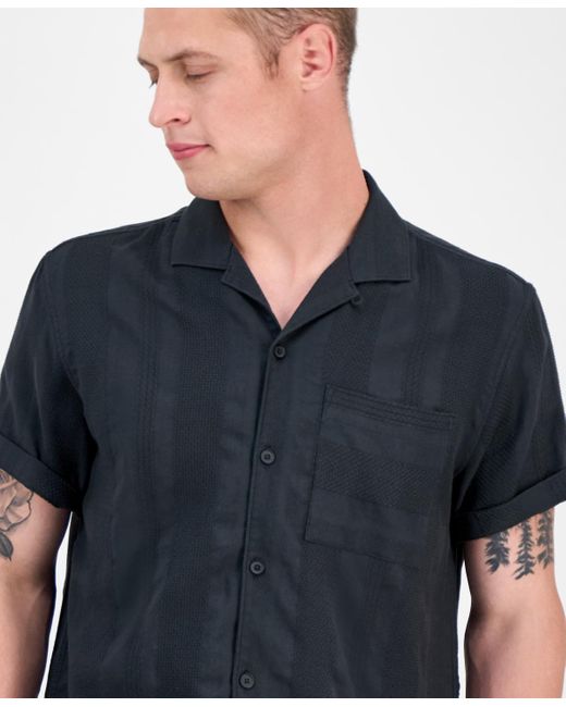 Sun & Stone Blue Sun + Stone Ford Short Sleeve Textured Striped Button-front Camp Shirt for men